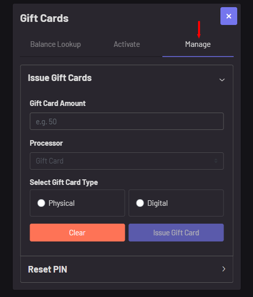 Manage Gift Card Modal