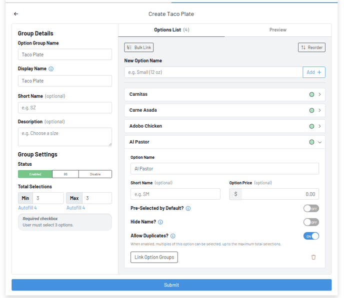Multi Options Setup